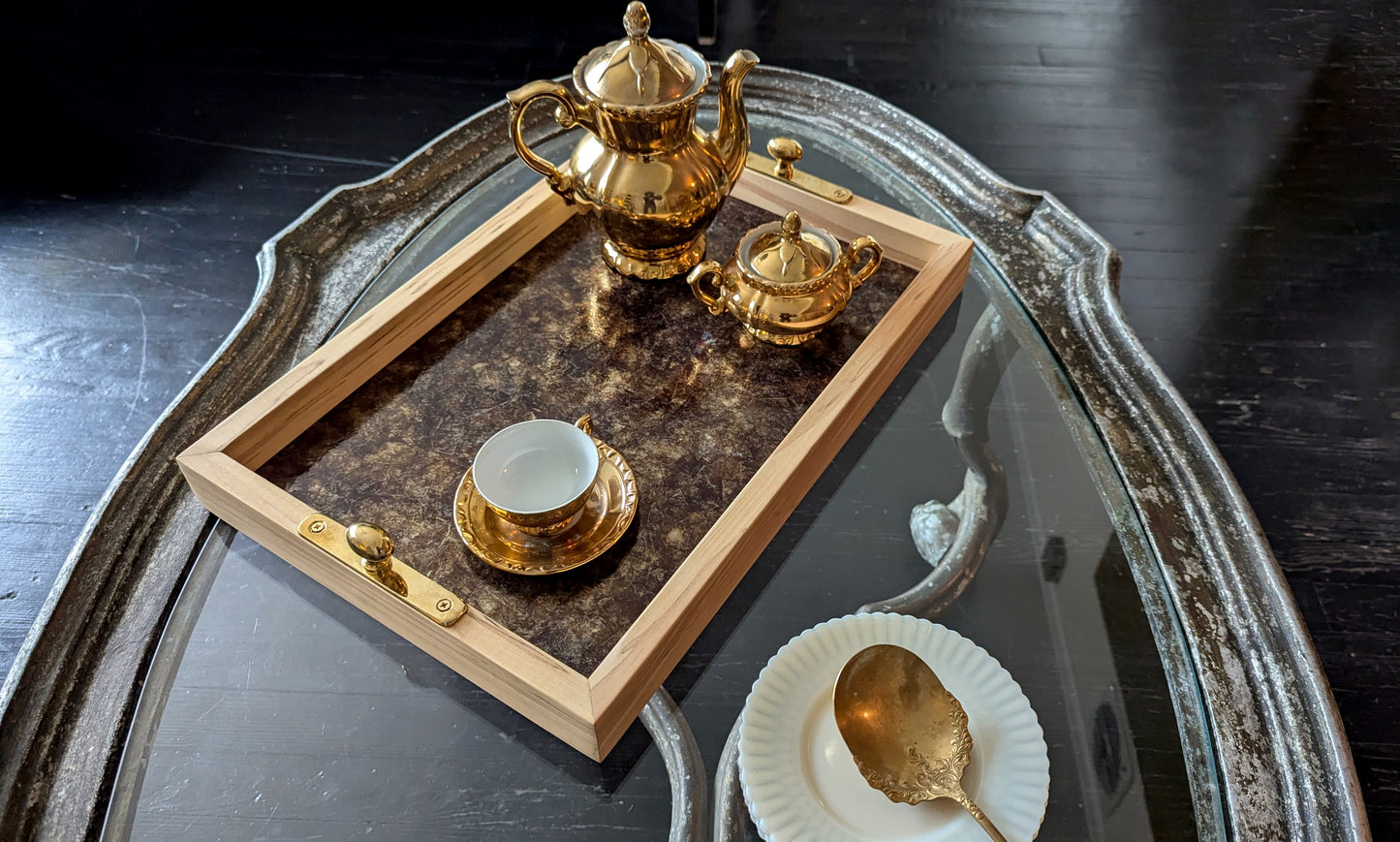 Ambrosia Maple + Amber Mica Ottoman Tray with Brass Knobs